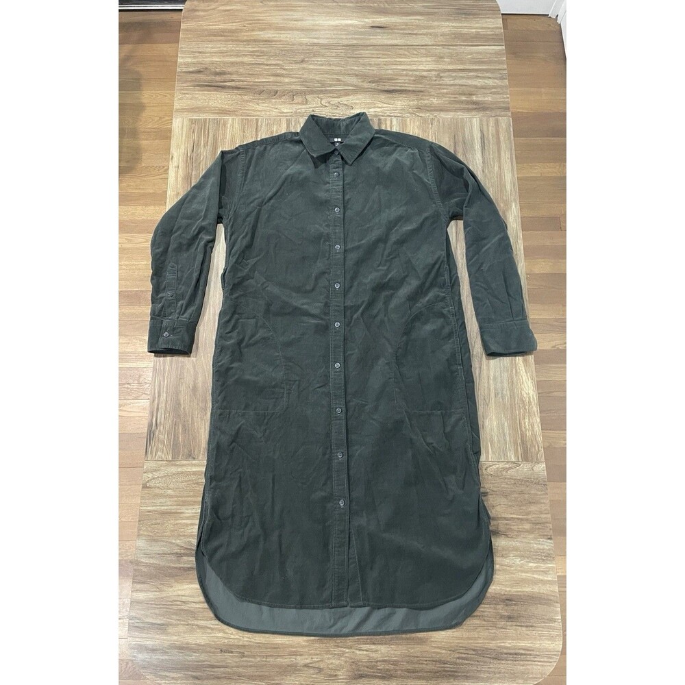 Uniqlo 100% Cotton Dark Green Corduroy Long Sleeve Shirt Dress Sz XS Casual Cozy
